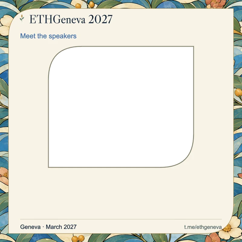 Square speaker announcement frame with a botanical border and a transparent portrait window.
