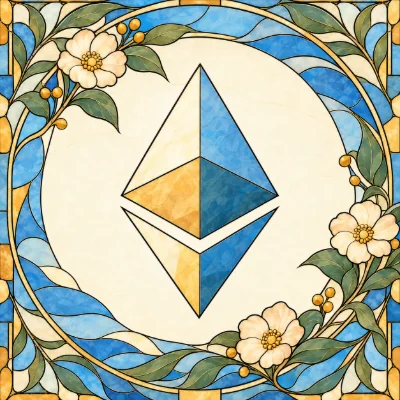 Blue and amber Ethereum diamond within a circular botanical stained-glass frame.
